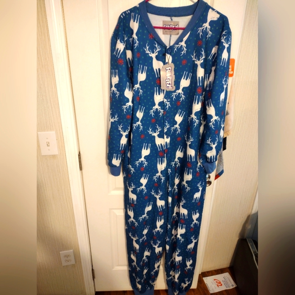 Silver Lilly adult full body pajamas with deer design, size L, blue, red, white